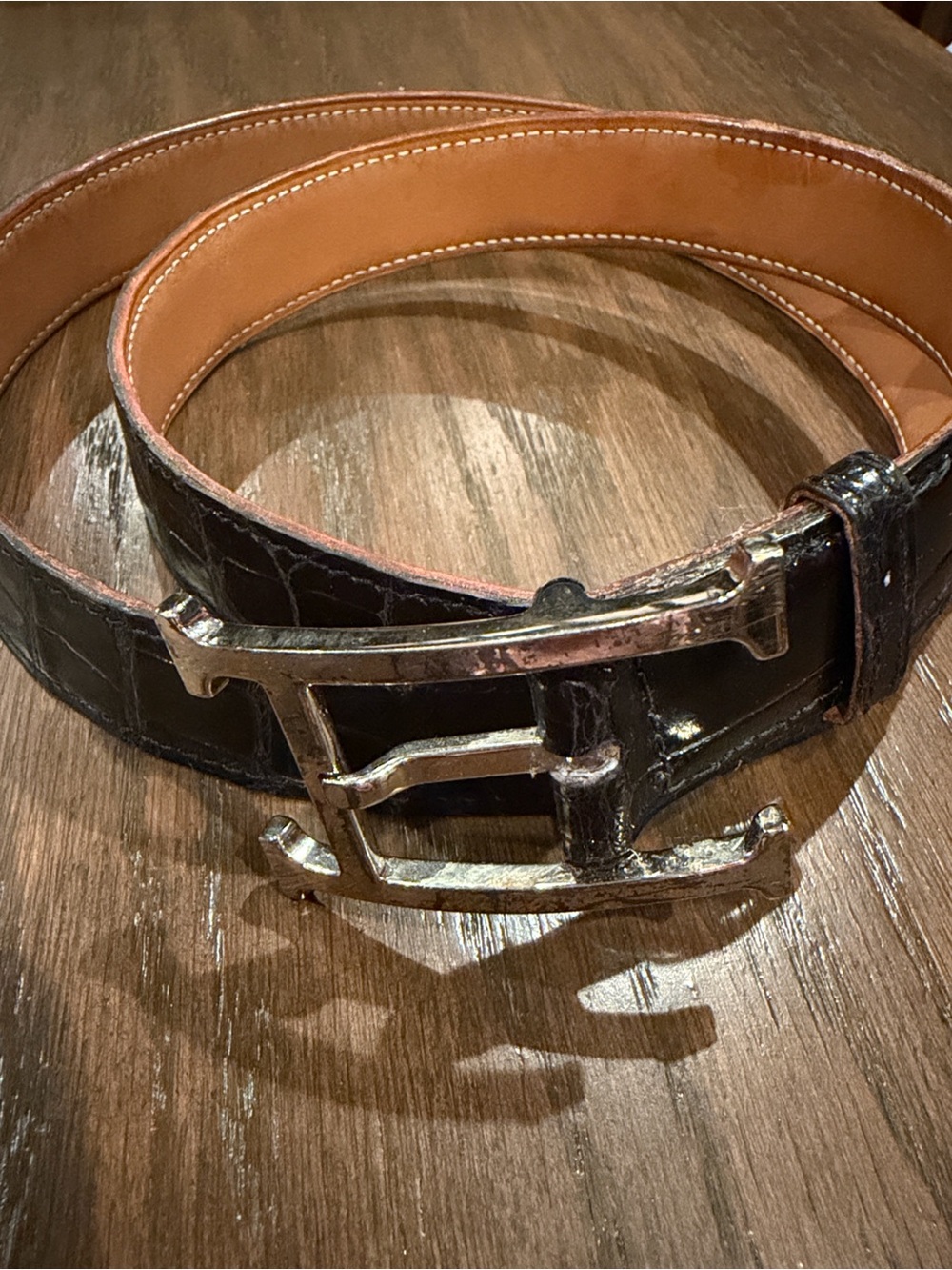 Authentic Vintage Hermès H Buckle Belt – Black Croc Embossed Leather